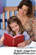 girl reading to mom