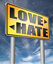 A sign pointing right to love and left to hate.