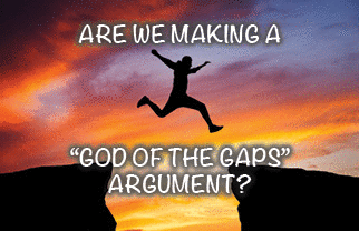 The title of this article is Are We Making a 'God of the Gaps' Argument? The picture is a man jumping from rocks with a gap between them with a fiery sunset background.