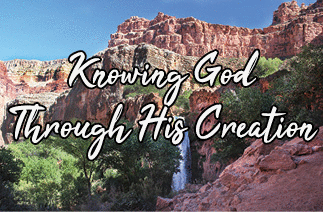 The title of this month's lead article is Knowing God Through His Creation. The scene is a waterfall in the Grand Canyon.