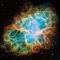 Crab Nebula, a supernova remnant photographed by the Hubble Space Telescope.