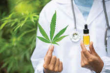 Researcher holds hemp leaf and a bottle of CBD hemp oil.