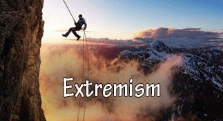 The title of this article is Extremism, the picture is a man rappelling from a cliff.