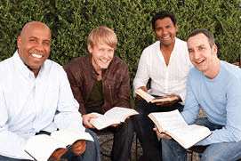 Diverse group of men studying the Bible