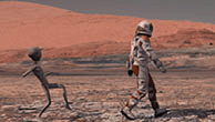 Martian sneaks behind an astronaut on Mars..
