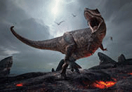 A rendering of the king of dinosaurs, Tyrannosaurus Rex, in a harsh prehistoric world.