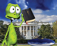 A space creature in front of the White House holding a Bible.