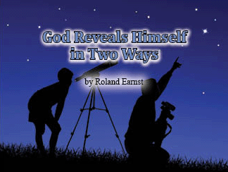 The title of this article is GOD REVEALS HIMSELF IN TWO WAYS with a picture of a father and son studying the starry sky through a telescope.