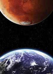 Earth and Mars in space.