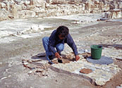 Archaeologist restoring floor in a dig.