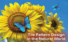 The title of this article is TILE PATTERN DESIGN IN THE NATURAL WORLD with a picture of blooming sunflowers and beautiful blue butterflies flying among the flowers.