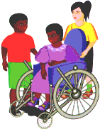 People helping person in a wheelchair.