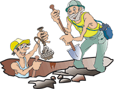 Two workers digging a hole and finding a treasure.