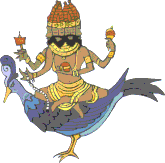 Multi-headed man with multiple arms riding on a bird