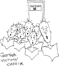 Gestapo victims choir (hairless women) singing outside the Oncology office door that has a swastika on it