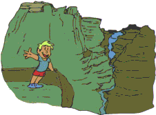 Cartoon man standing on rim of a canyon